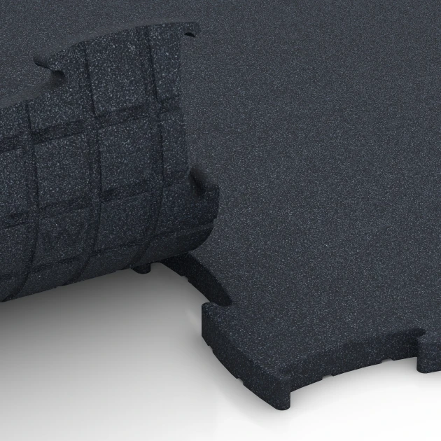 Großaufnahme vom Verbindungssystem von WARCO-Boden 6969 - Fitness Premium studiegulv im Farbdesign Antracit. Abmessungen 99 x 99 x 2,8 cm.