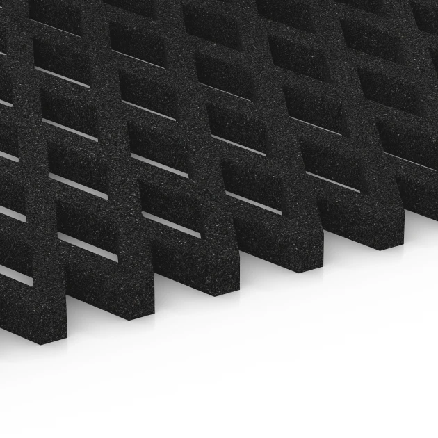 Großaufnahme vom Verbindungssystem von WARCO-Boden 7009 - Faldsikringsgræsrist im Farbdesign Antracit. Abmessungen 100 x 100 x 4 cm.