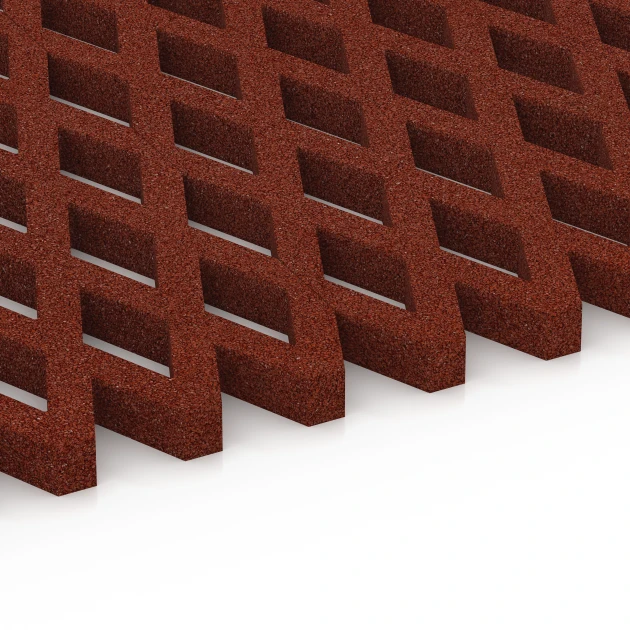 Großaufnahme vom Verbindungssystem von WARCO-Boden 7010 - Faldsikringsgræsrist im Farbdesign Murstenrød. Abmessungen 100 x 100 x 4 cm.