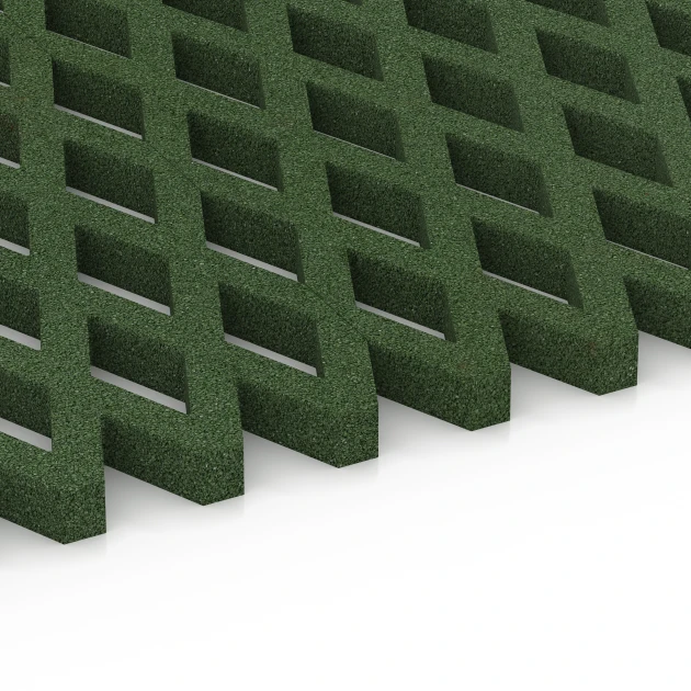 Großaufnahme vom Verbindungssystem von WARCO-Boden 7011 - Faldsikringsgræsrist im Farbdesign Græsgrøn. Abmessungen 100 x 100 x 4 cm.