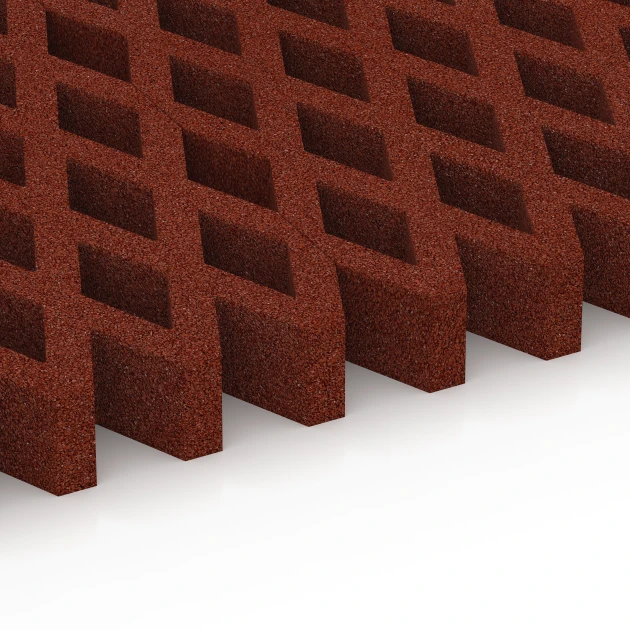 Großaufnahme vom Verbindungssystem von WARCO-Boden 7013 - Faldsikringsgræsrist im Farbdesign Murstenrød. Abmessungen 100 × 100 × 8 cm.