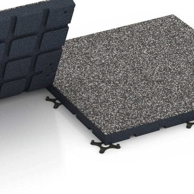 Großaufnahme vom Verbindungssystem von WARCO-Boden 7141 - Udendørs træningsgulv im Farbdesign Mørkegrå granit. Abmessungen 60 x 60 x 4 cm | 0,36 m².