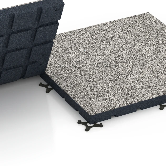 Großaufnahme vom Verbindungssystem von WARCO-Boden 7142 - Udendørs træningsgulv im Farbdesign Grå granit. Abmessungen 60 x 60 x 4 cm | 0,36 m².
