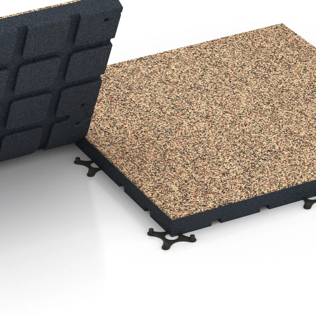 Großaufnahme vom Verbindungssystem von WARCO-Boden 7144 - Udendørs træningsgulv im Farbdesign Terrakotta. Abmessungen 60 x 60 x 4 cm | 0,36 m².