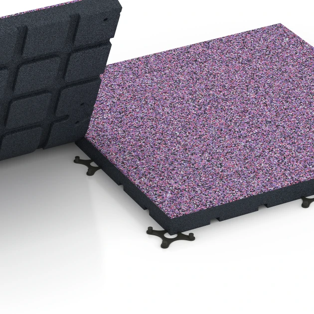Großaufnahme vom Verbindungssystem von WARCO-Boden 7146 - Udendørs træningsgulv im Farbdesign Lavendel. Abmessungen 60 x 60 x 4 cm | 0,36 m².