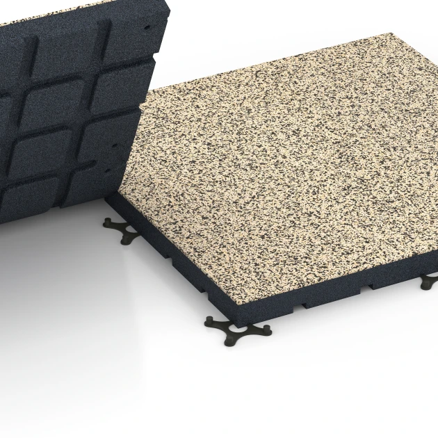 Großaufnahme vom Verbindungssystem von WARCO-Boden 7147 - Udendørs træningsgulv im Farbdesign Travertin. Abmessungen 60 x 60 x 4 cm | 0,36 m².