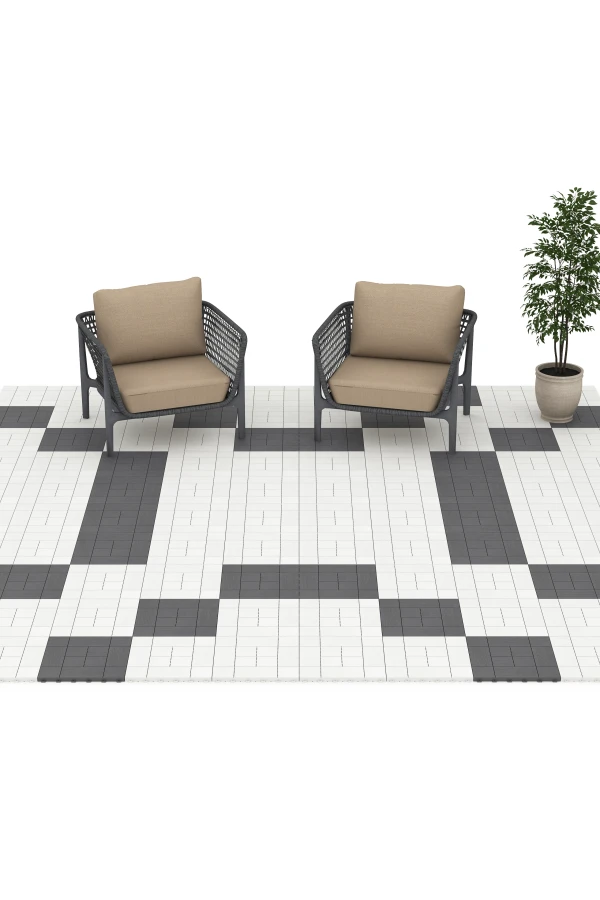 Beispielhafte Verlegung für den Artikel 6237 von WARCO - Panelmønster – Terrassefliser, Farbton Sølvgrå in der Abmessung 38,5 x 38,5 x 2 cm.