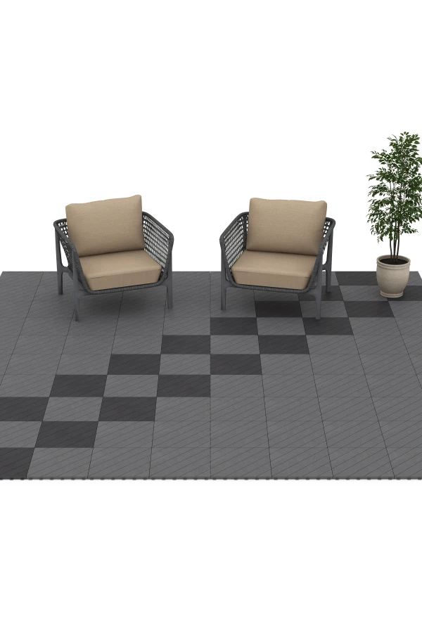 Beispielhafte Verlegung für den Artikel 6326 von WARCO - Sildebensmønster – Terrassefliser, Farbton Sølvgrå in der Abmessung 38,5 x 38,5 x 2 cm.