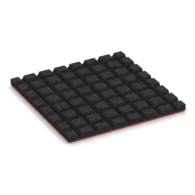Aufsicht auf die Unterseite, also die Bodenseite von WARCO-Formteil 5474 - Faldunderlag – gummiflise 3 cm - EN 1177 ≤ 100 cm im Format 500 x 500 x 30 mm.