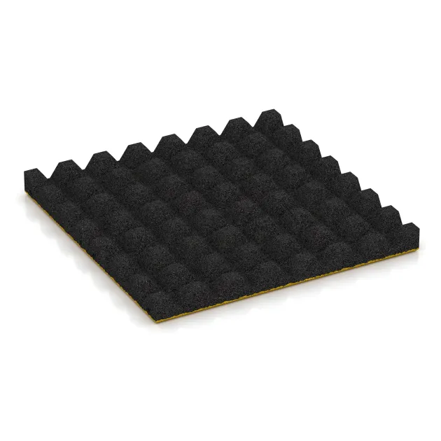 Aufsicht auf die Unterseite, also die Bodenseite von WARCO-Formteil 5537 - Faldunderlag – gummiflise 4,5 cm - EN 1177 ≤ 135 cm im Format 500 x 500 x 45 mm.