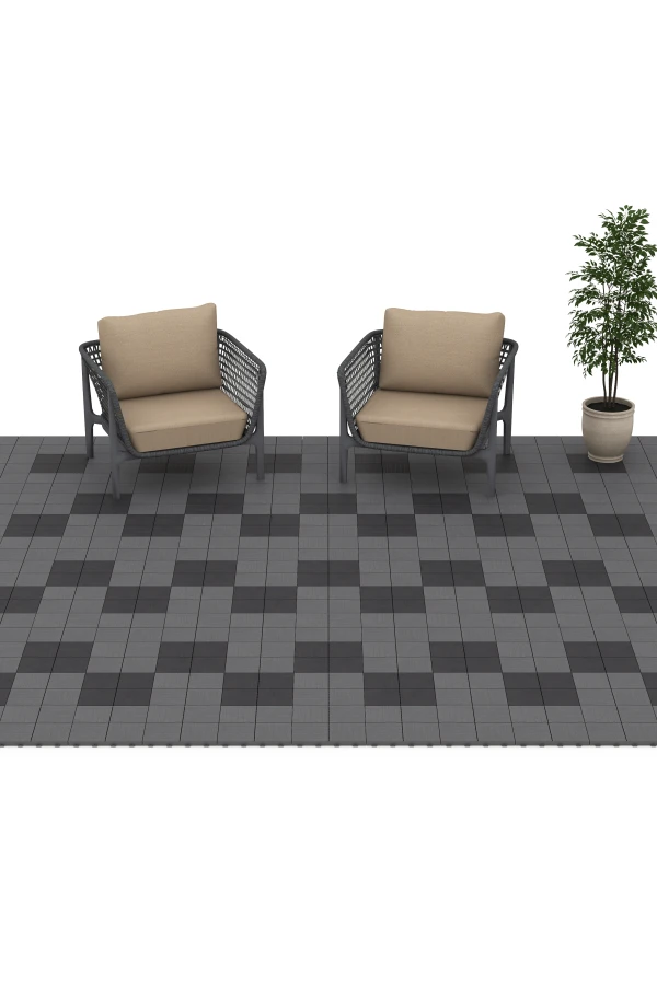 Beispielhafte Verlegung für den Artikel 6349 von WARCO - Mosaik – Terrassefliser, Farbton Sølvgrå in der Abmessung 30 x 30 x 2 cm.
