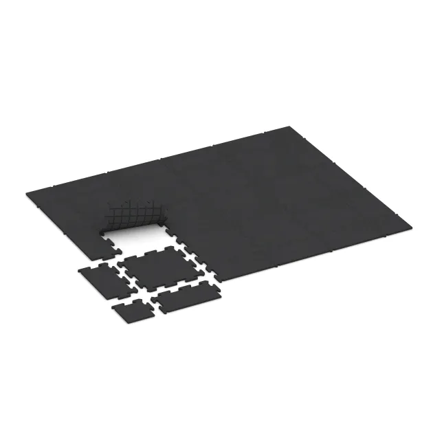 Typische Verlegung oder Einbausituation für den Artikel 0201 von WARCO - Fitnessgulv Studio, Farbton Anthracite in der Abmessung 500 x 500 x 18 mm.