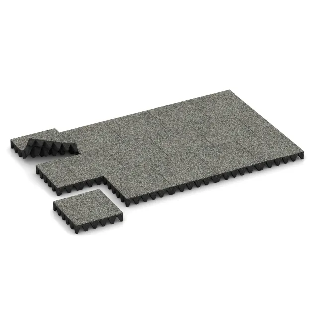 Typische Verlegung oder Einbausituation für den Artikel 5644 von WARCO - Faldunderlag – gummiflise 10 cm - EN 1177 ≤ 300 cm, Farbton Grå Granit in der Abmessung 500 x 500 x 100 mm.