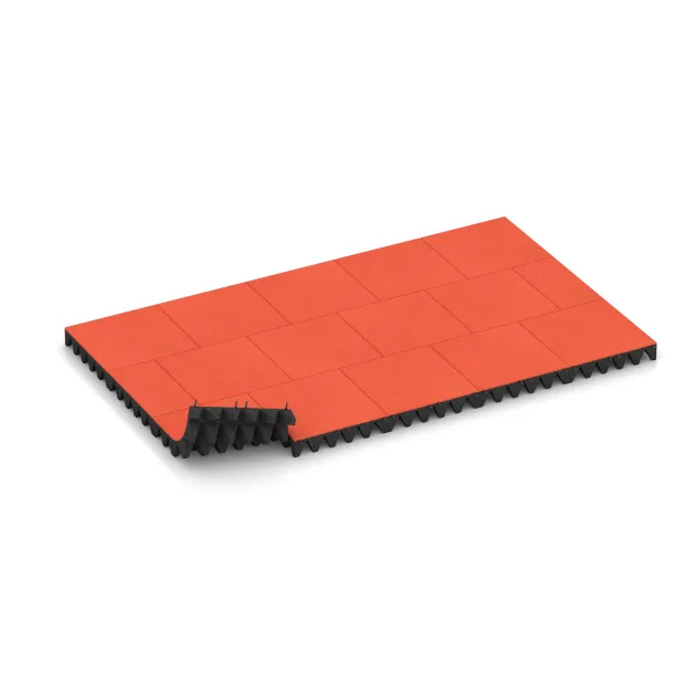 Typische Verlegung oder Einbausituation für den Artikel 5639 von WARCO - Faldunderlag – gummiflise 10 cm - EN 1177 ≤ 300 cm, Farbton Lys Rød-Orange in der Abmessung 500 x 500 x 100 mm.