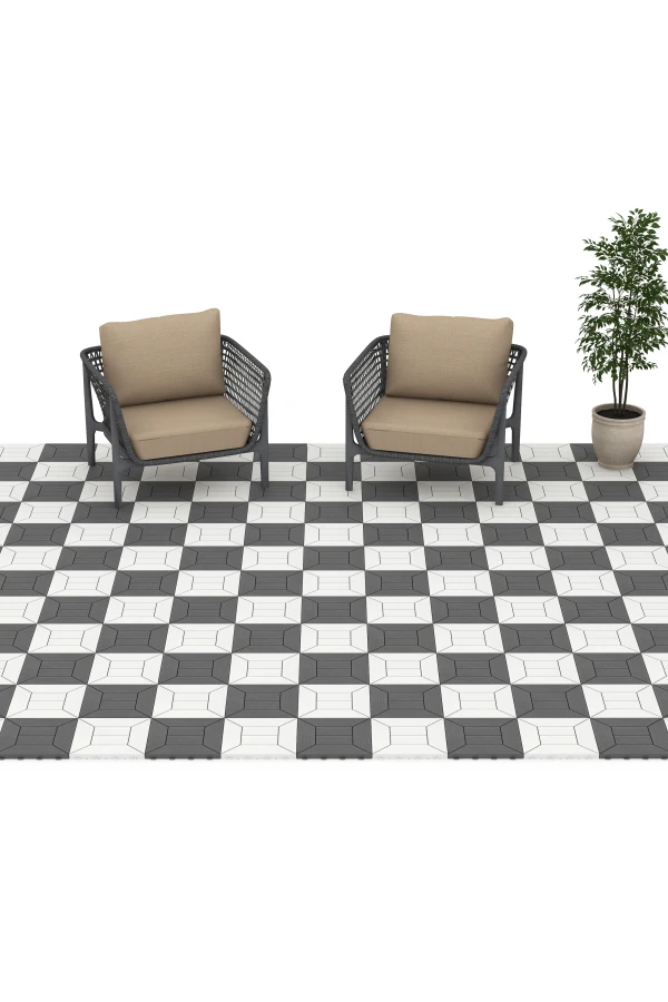 Beispielhafte Verlegung für den Artikel 6348 von WARCO - Kassettemønster – Terrassefliser, Farbton Sølvgrå in der Abmessung 30 x 30 x 2 cm.