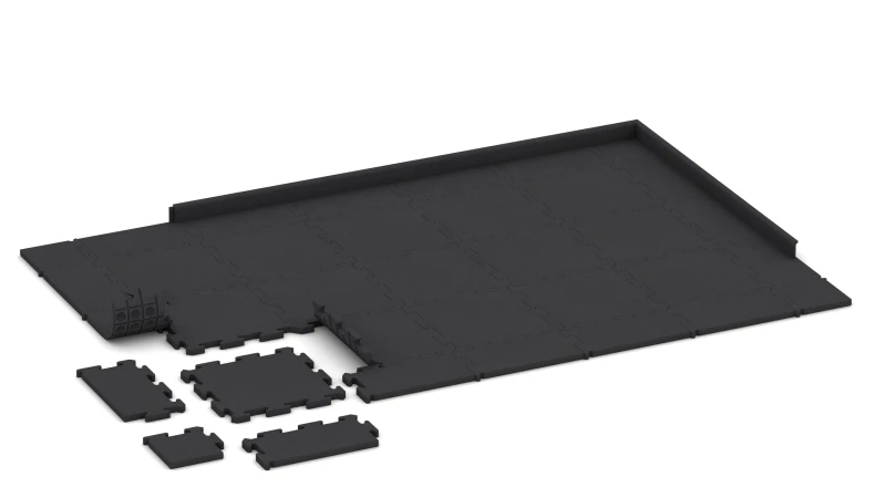 Das Bild zeigt Fitnessmatten des Herstellers WARCO. Die Matten sind an den Rändern mit einer Schwalbenschwanzverzahnung versehen, die eine formschlüssige Verbindung der Platten ermöglicht. Zur Verdeutlichung des Verzahnungsmechanismus sind einige Platten einzeln dargestellt.